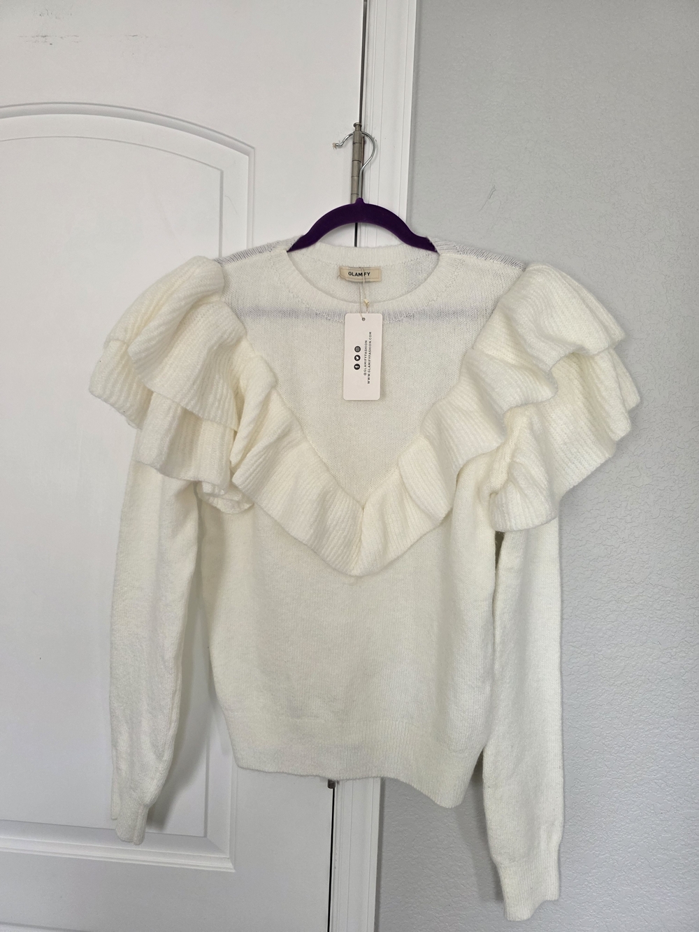 Glamify Cream Ruffle V-Neck Sweater